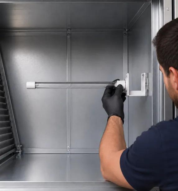 A gloved hand wiping the inside wall of the air handler before placing the magnetic lamp.