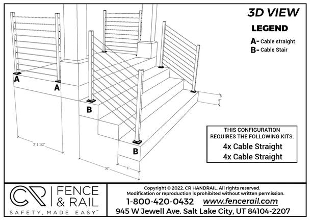 3D layout: cable railing around a flat landing and down stairs, eight cable kits.