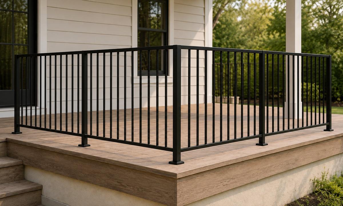 Black CR aluminium deck railing on a wood deck