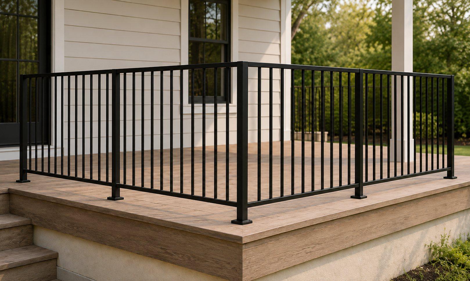 Black CR aluminium deck railing on a wood deck