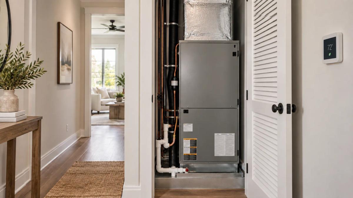 An air handler in a home utility closet