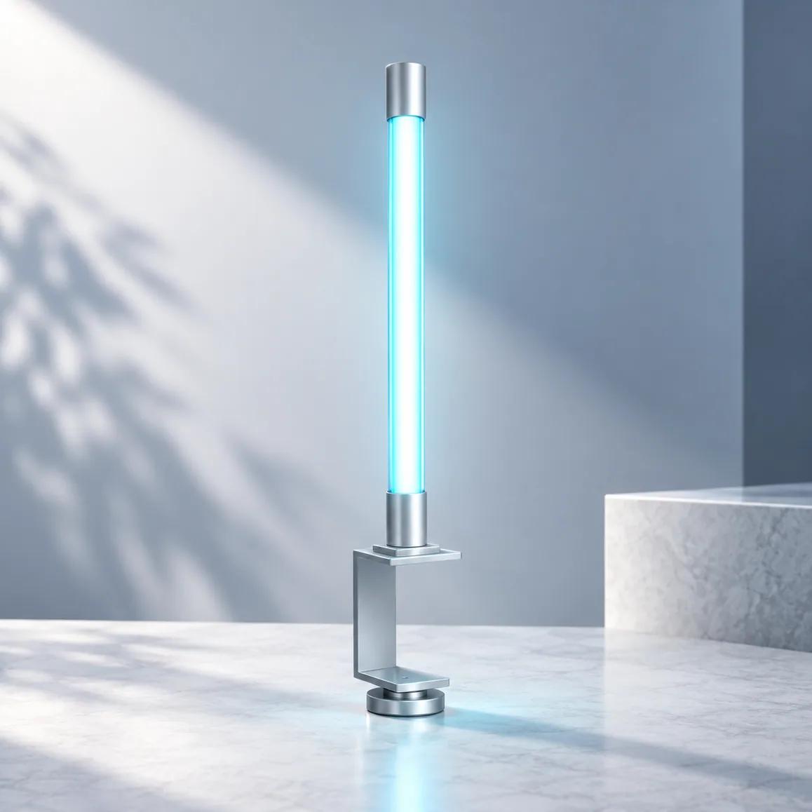 BioShieldUV MagShield magnetic UV-C lamp clamped to a bracket, its tube glowing blue in a sunlit room.
