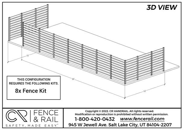 3D layout drawing of a 30 by 12 foot slat fence needing eight fence kits