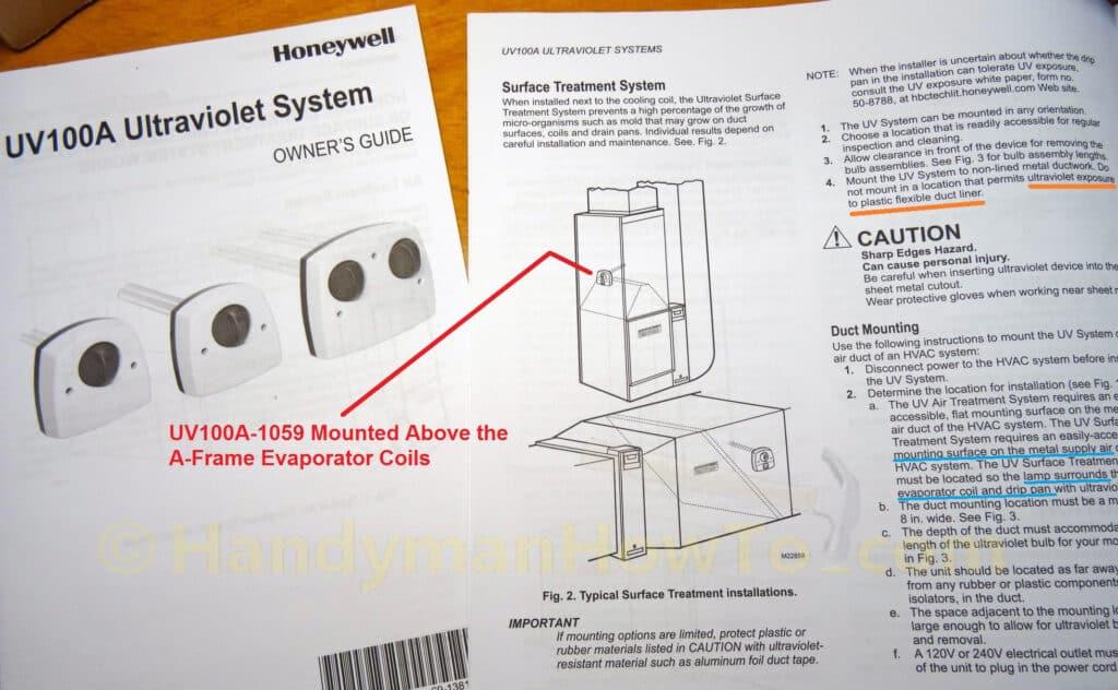 Installation diagram showing UV lamp placement relative to evaporator coil