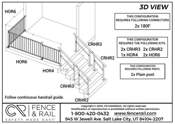 3D layout: stairs and landing with HOR4 and HOR6 picket panels, CRHR2 and CRHR3 handrails.