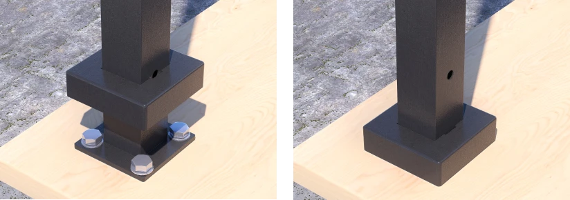 Fit the metal post covers — anchor bolts exposed before, metal cover fitted after