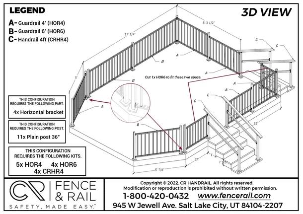 3D layout of an angled deck with aluminium picket guardrail, stairs and four-foot handrails