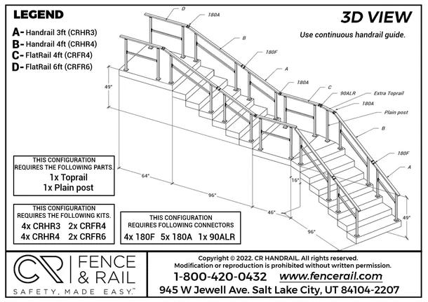 3D layout: continuous stair handrail, CRHR3/CRHR4 and CRFR4/CRFR6 kits with 180F, 180A and 90ALR connectors.