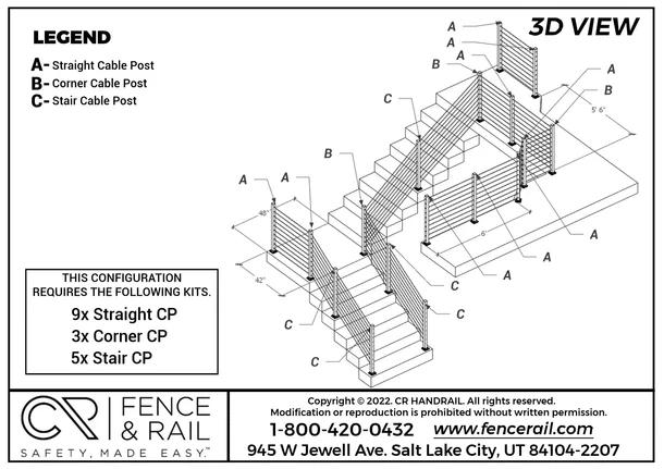 3D layout: cable posts on landing and two stair runs, nine straight, three corner, five stair.