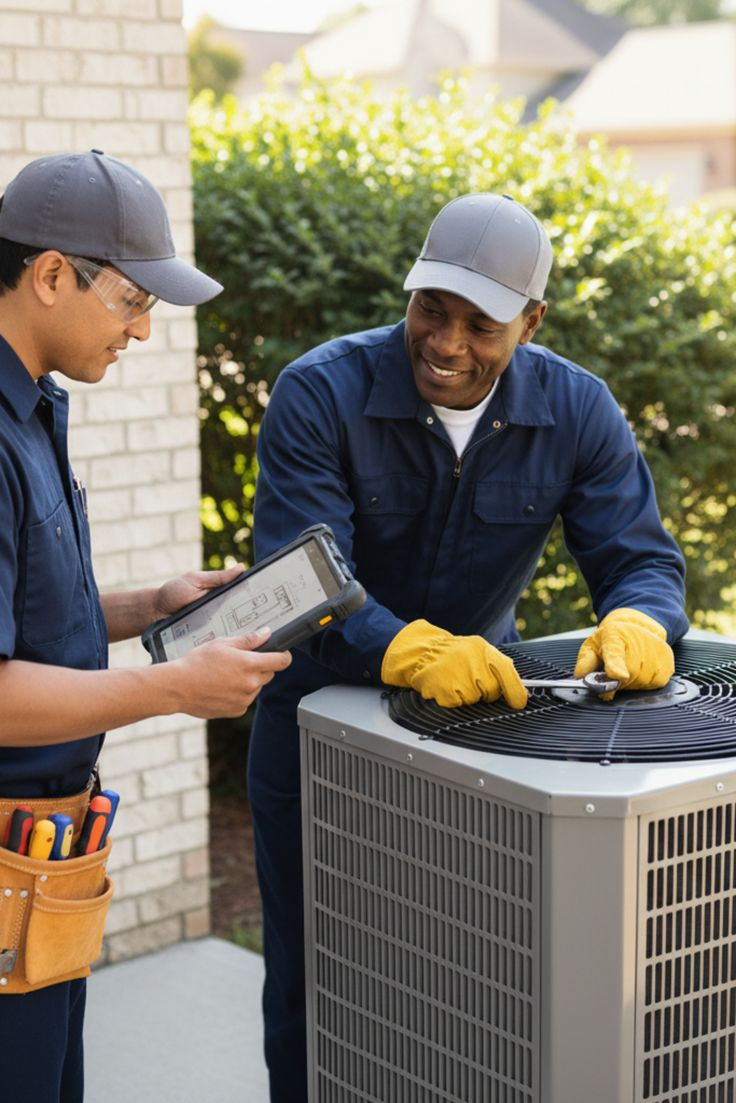 HVAC installation technicians working on a unit