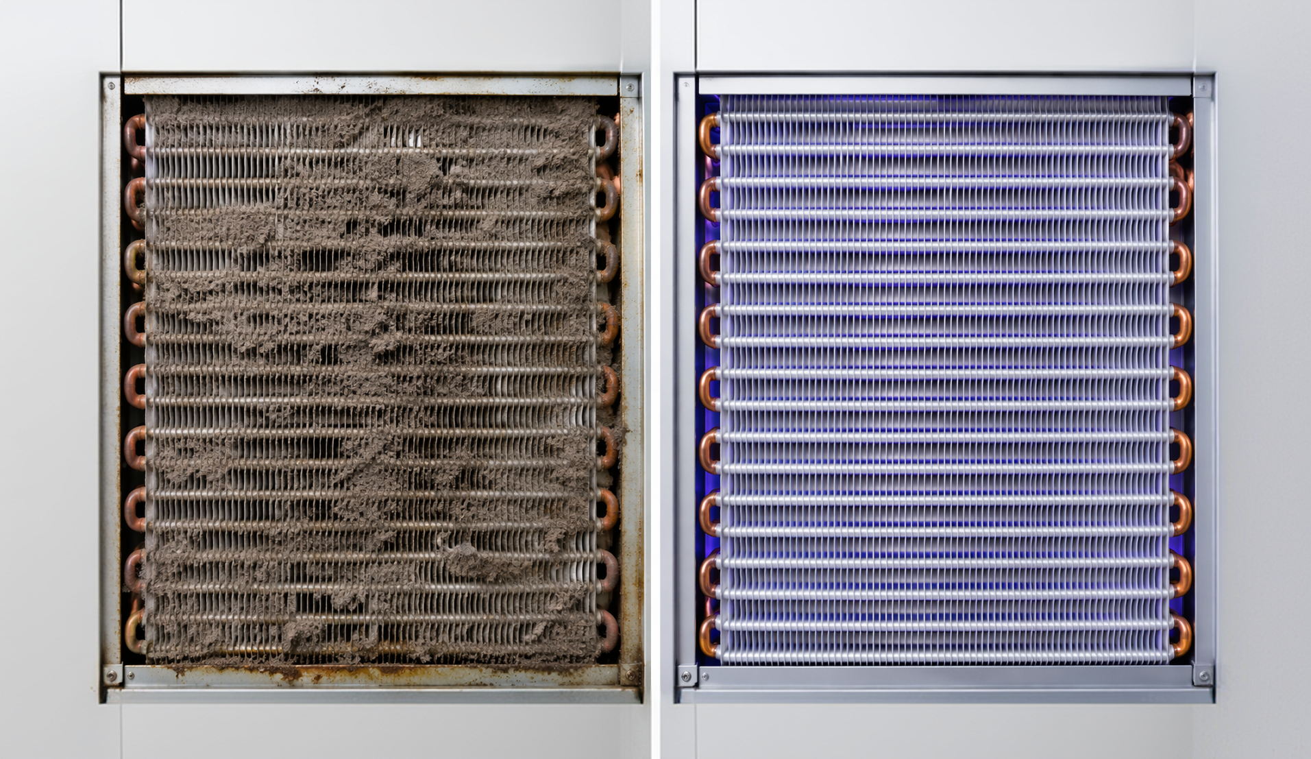 Side-by-side coil comparison: heavily fouled on day 0, clean on day 90