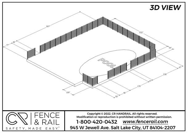 3D layout of horizontal-slat fencing enclosing a backyard swimming pool on three sides