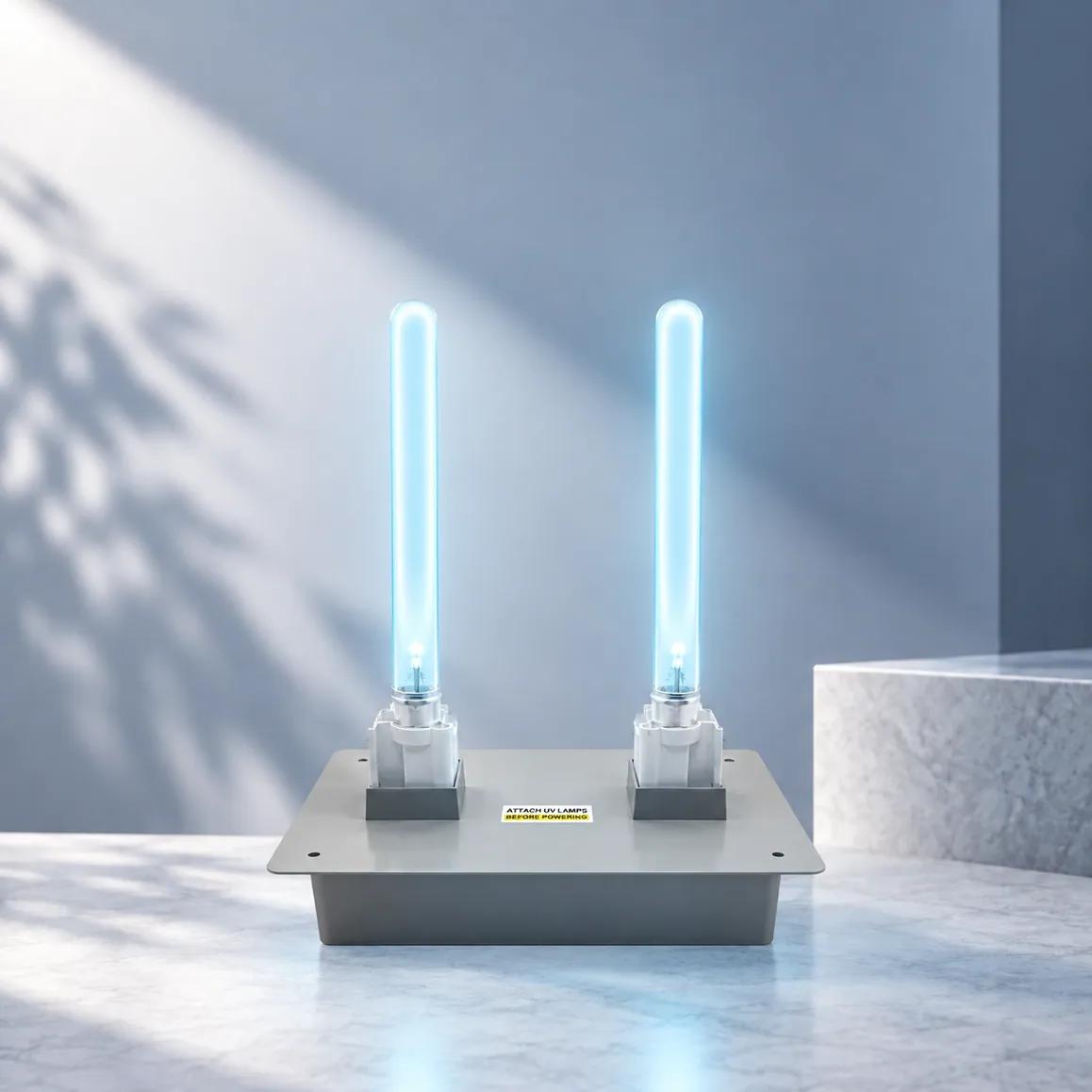 BioShieldUV ApxShield classic twin-lamp UV-C unit on its mounting plate, both tubes glowing blue.