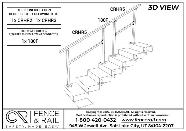 3D layout: stair handrail with one CRHR2 and one CRHR3 kit, one 180F connector.