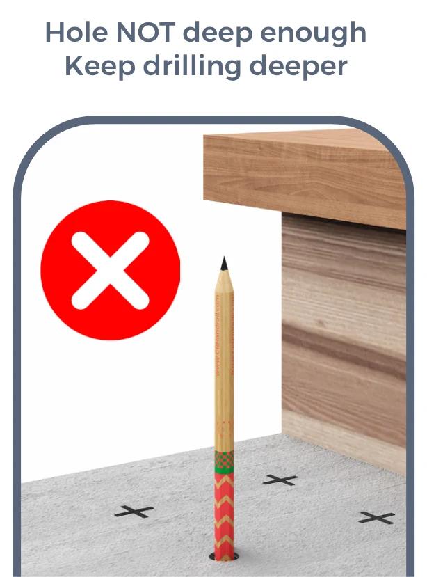 Ensure the correct depth (concrete only) — Hole NOT deep enough Keep drilling deeper