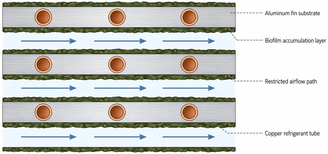 Research diagram showing HVAC coil cross-section with biofilm accumulation