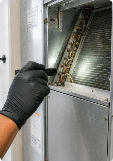 Technician in a black glove opening an air handler to inspect the coil