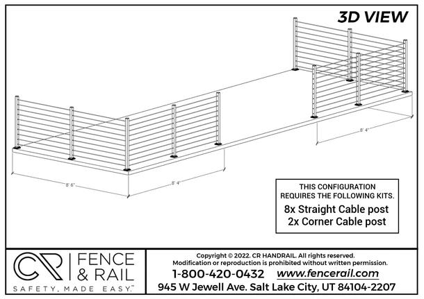 3D layout: cable railing around a deck, eight straight and two corner cable posts.