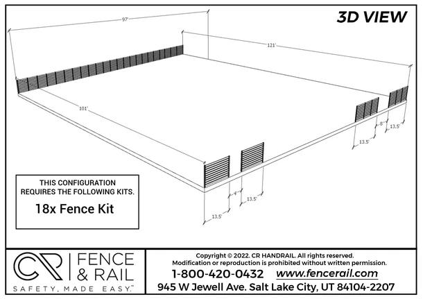 3D layout of a large yard with horizontal-slat fence runs and gate gaps, 18 kits