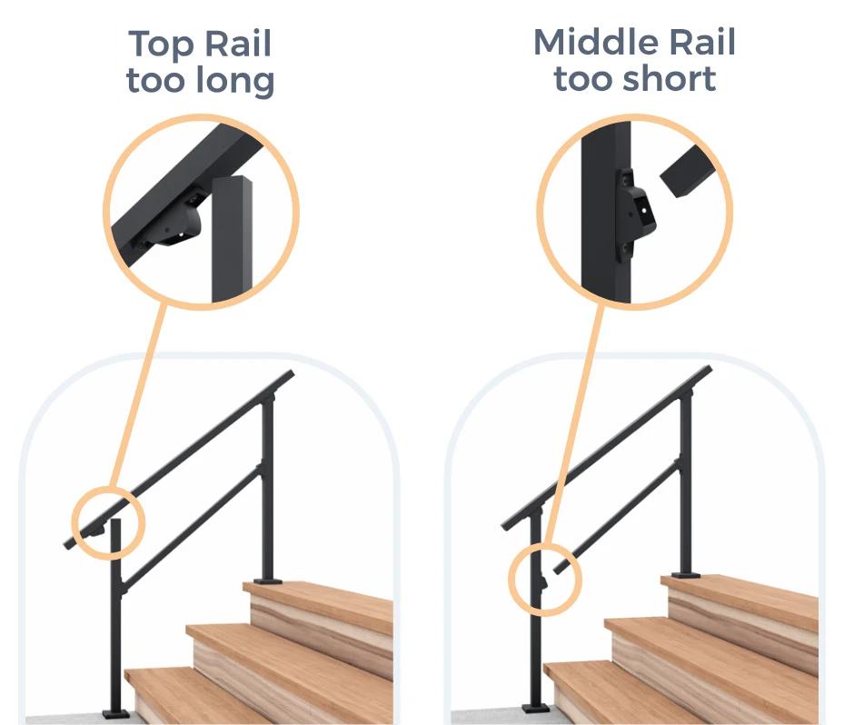 Assemble the handrail loosely — Middle Rail too short, Top Rail too long