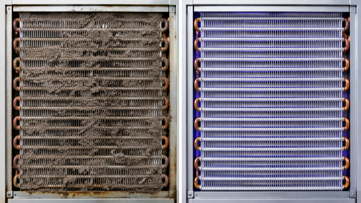Evaporator coil before and after BioShieldUV — Day 0 dirty vs. Day 90 clean