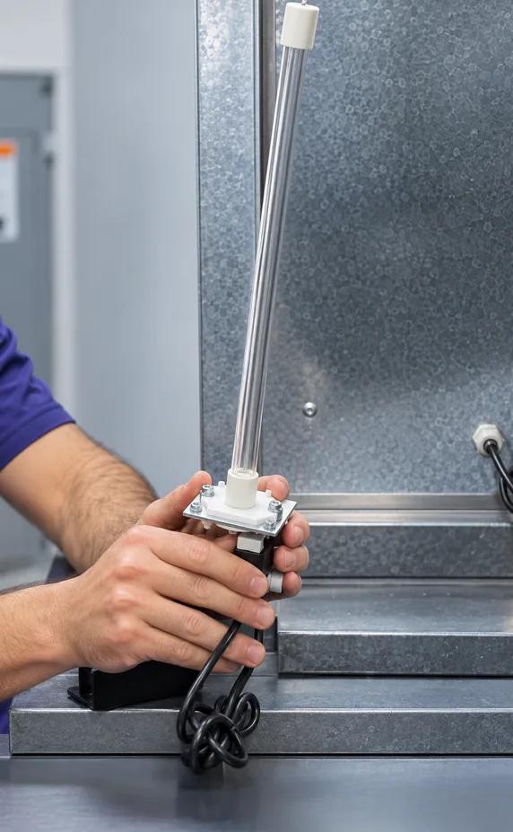 An installer holding the MagShield lamp by its magnetic base inside the duct.