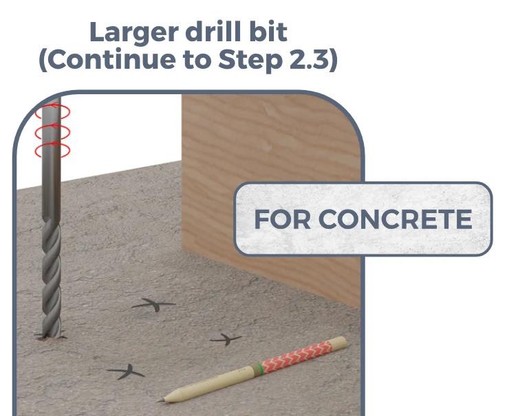 Drill the holes — Larger drill bit (Continue to Step 2.3), FOR CONCRETE