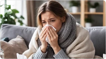 Woman wrapped in a blanket on a sofa using a tissue