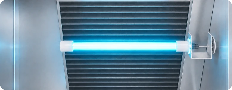 UV-C lamp glowing inside an air handler, aimed across the evaporator coil
