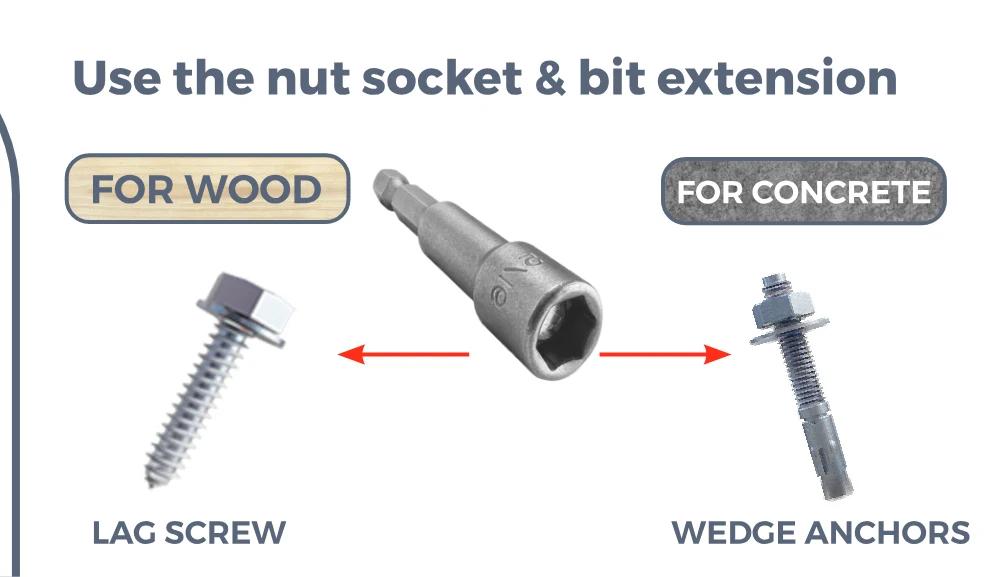Secure the post to the ground — Use the nut socket &amp; bit extension FOR WOOD, FOR CONCRETE, LAG SCREW, WEDGE ANCHORS