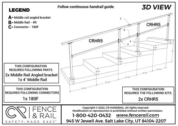 3D layout: stair handrail with mid-rail, two CRHR5 kits, two angled brackets, 180F connector.