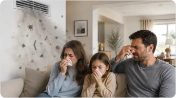 Family on a sofa covering their faces beside a mold-spotted wall vent
