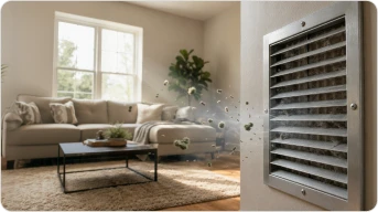 Living room with particles drifting from a wall supply vent