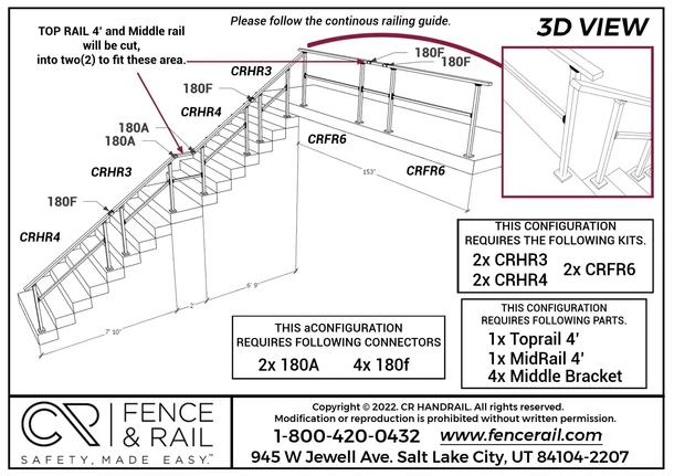 3D layout: long stair handrail with cut top rail, CRHR3, CRHR4 and CRFR6 kits.