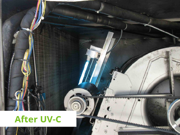 Same commercial air handler coil after UV-C treatment — clean with UV lamp glowing