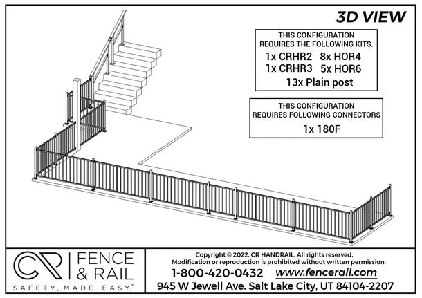 3D layout of an L-shaped deck with picket guardrail and a stair run with handrail