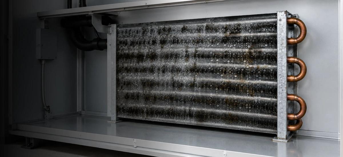 Close-up of a moisture-covered HVAC evaporator coil behind an air handler panel