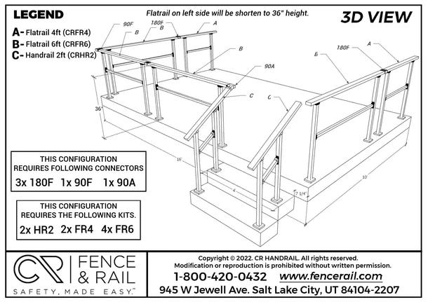 3D layout of a raised concrete patio with flat-top tube railing and stair handrails