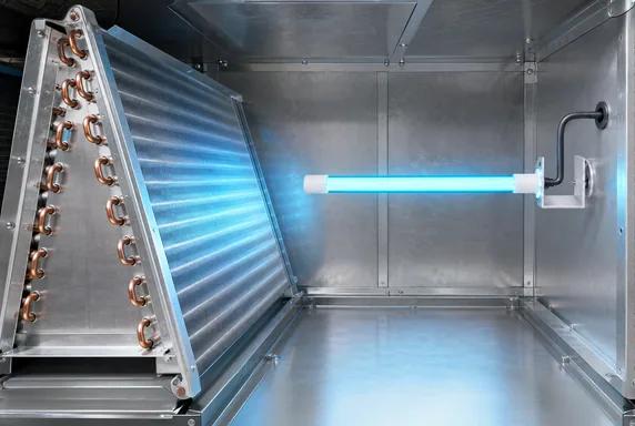 The MagShield lamp glowing blue on its magnetic mount inside the air handler.