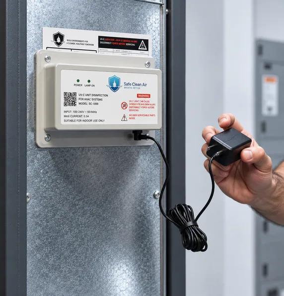 The mounted UV-C unit wired to a transformer, with a hand holding the power block.
