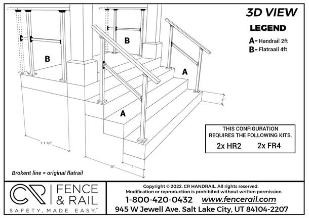 3D layout: stair and landing handrail needing two HR2 handrail and two FR4 flat-rail kits.
