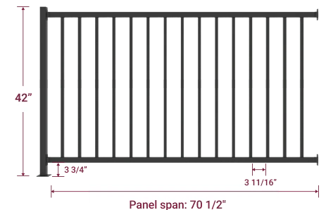 42 inch guard rail, post-to-post 72 inches