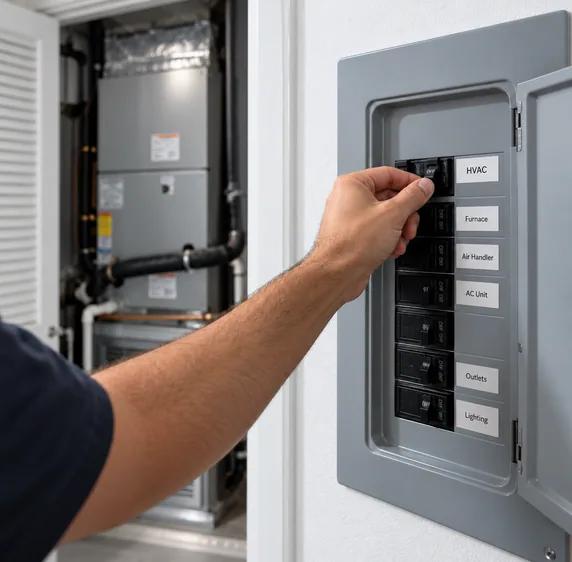A hand flipping the HVAC breaker off inside an open electrical panel.