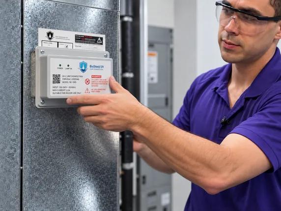 An installer holding the BioShieldUV Classic unit flat against the sheet-metal duct wall.