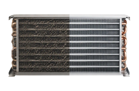 An air-conditioner evaporator coil, grey and clogged on its left half and bright and clean on its right half, with a lit BioShieldUV lamp standing between the two.