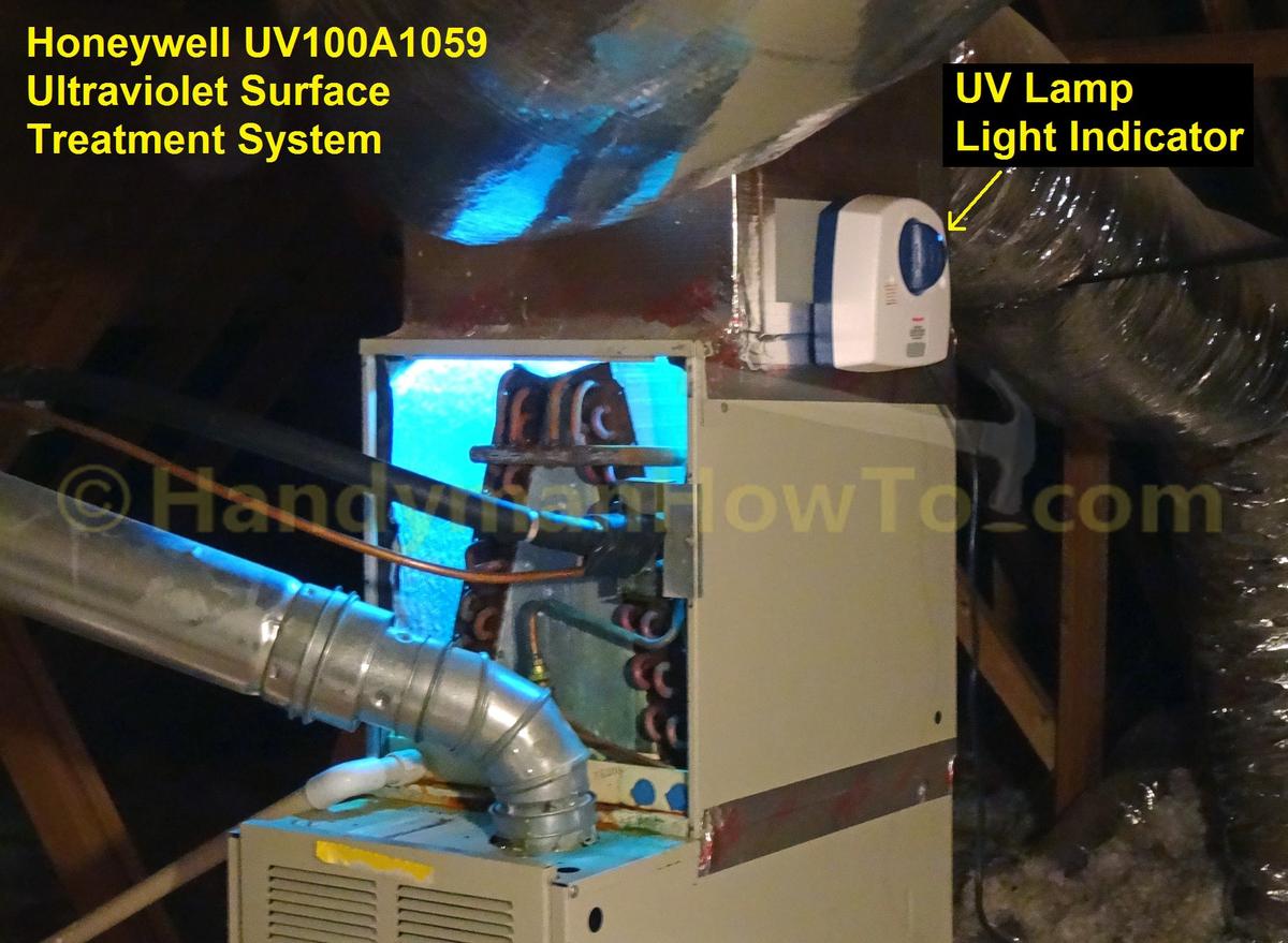 Honeywell UV lamp installed above evaporator coils in supply plenum