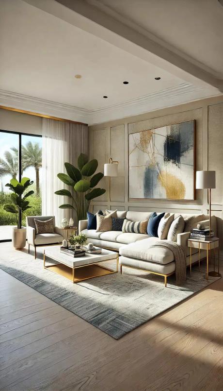 A bright Florida living room with tall house plants and a linen sofa on a mild day.
