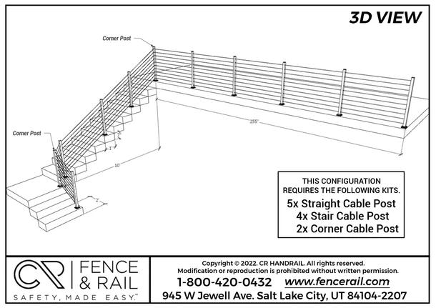 3D layout: cable railing along a landing turning down stairs, five straight and four stair posts.