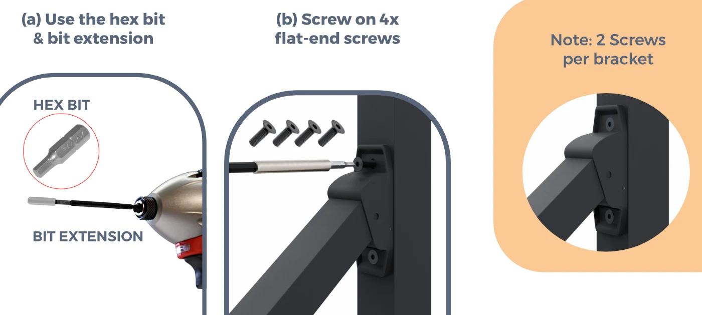 Attach the brackets to the posts — (a) Use the hex bit &amp; bit extension, (b) Screw on 4x flat-end screws, Note: 2 Screws per bracket, HEX BIT, BIT EXTENSION